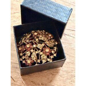 Vintage Gold-Tone Floral Brooch With Amber Rhinestones In Gift Box